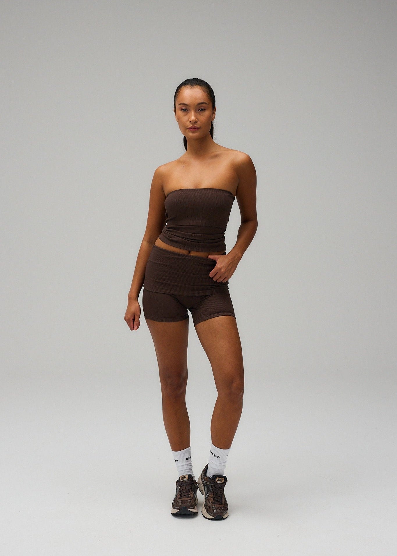 Exercere Shorts Rib Fold Over Shorts - Pecan Brown
