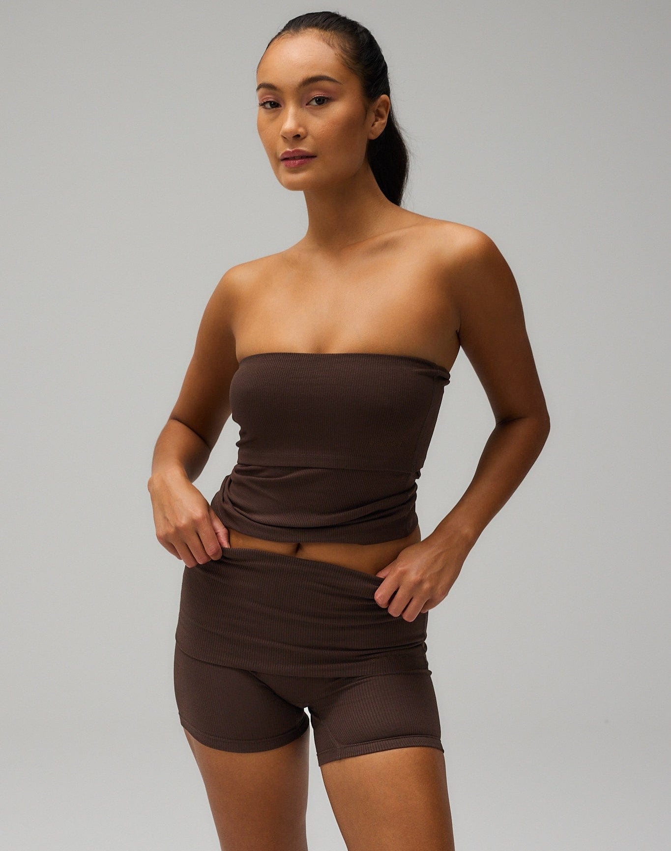 Exercere Shorts Rib Fold Over Shorts - Pecan Brown