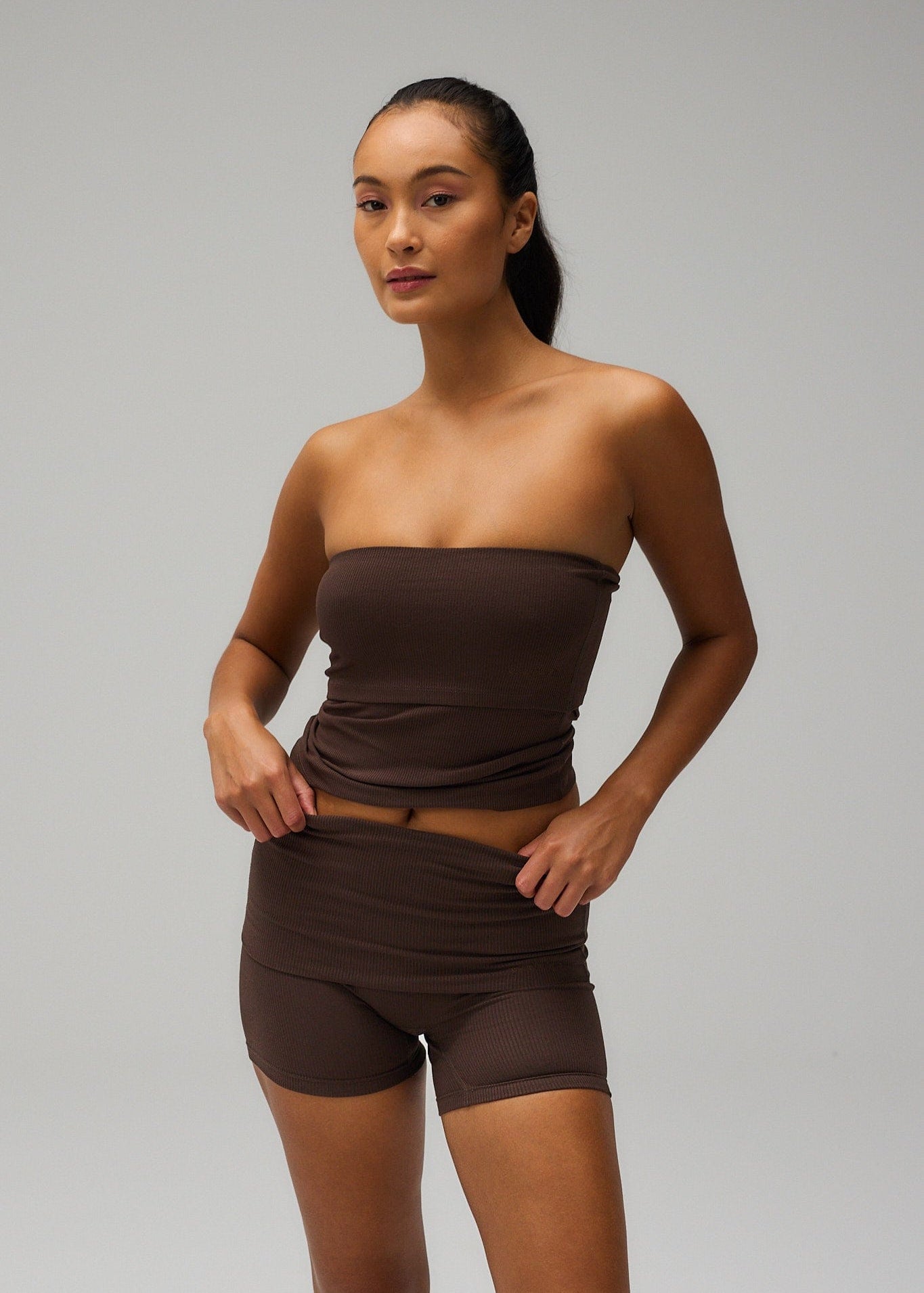 Exercere Shorts Rib Fold Over Shorts - Pecan Brown