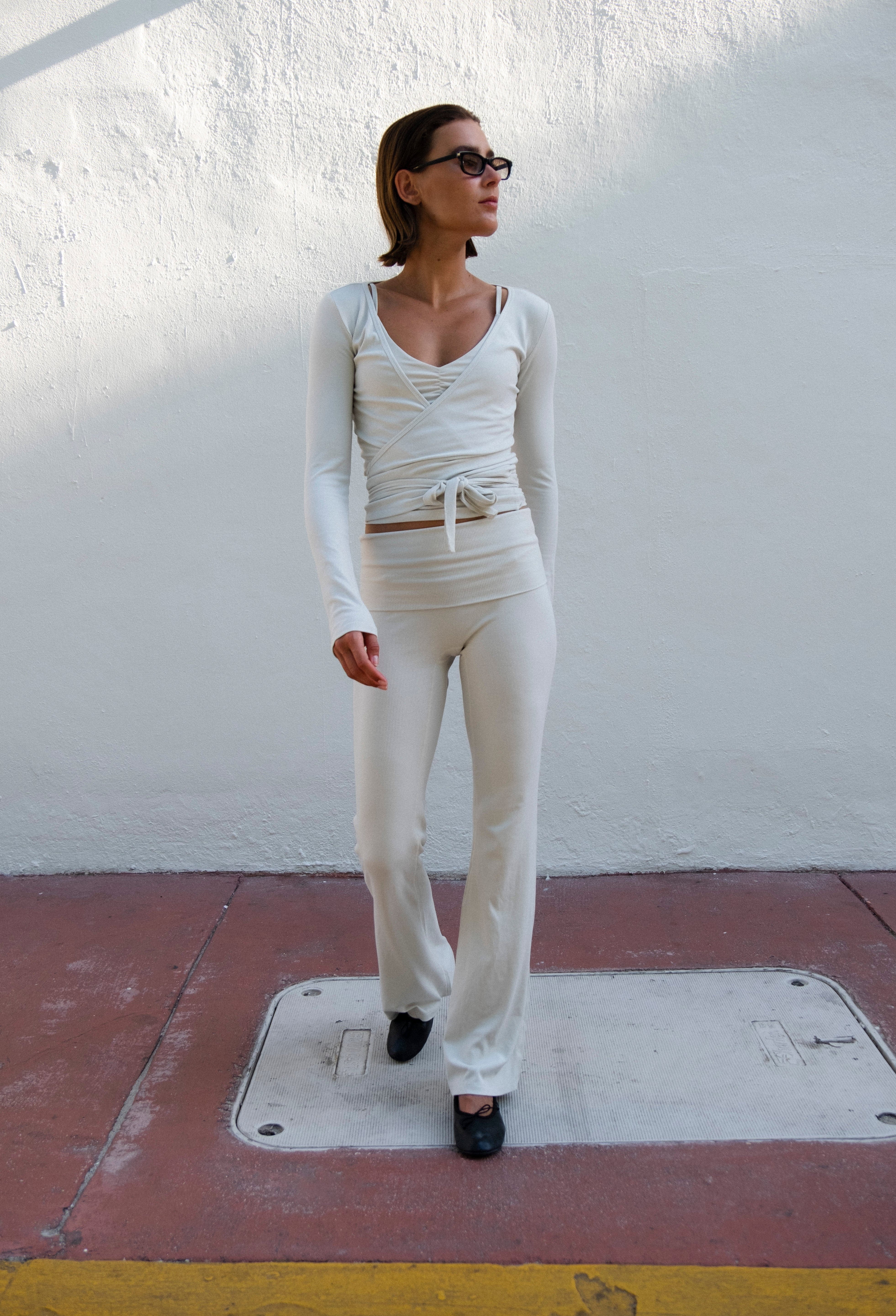 Exercere Tights Rib Fold Over Pants - Vanilla